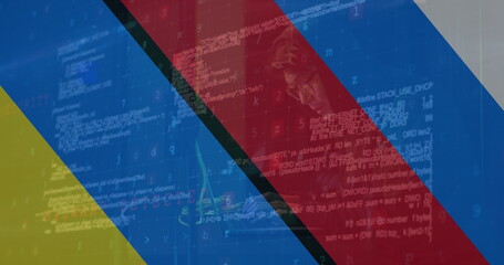 Image of asian male hacker and data processing over flag of russia and ukraine