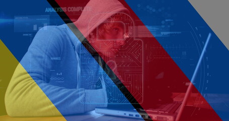 Image of caucasian male hacker, data processing and padlock over flag of russia and ukraine