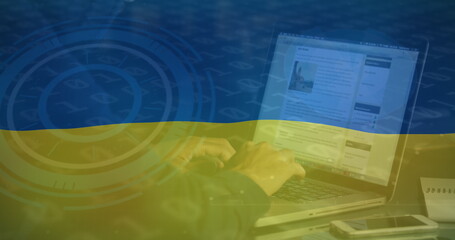 Image of hand of caucasian male hacker over flag of ukraine