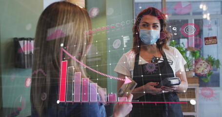 Image of data processing over caucasian female hairdresser and woman wearing face masks