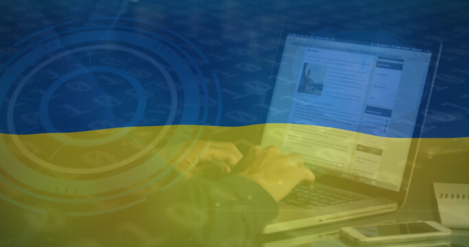 Image of hand of caucasian male hacker over flag of ukraine