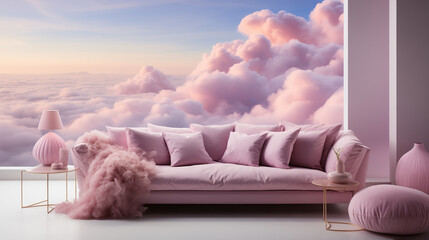 A bed among pink clouds - obrazy, fototapety, plakaty