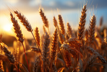 Rice plants, wheat ears, in the rice fields, the evening sun