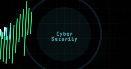 Statistical data processing and cyber security text over round scanner against black background