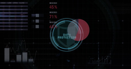Statistical data processing and data protection text over round scanner against black background