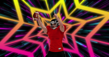 Image of caucasian male american football player with ball over shapes