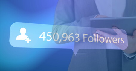 Image of digital interface Followers text and people icon with growing numbers on blue speech bubble