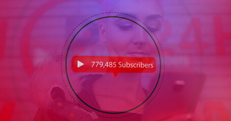 Digital image shows woman using phone with rising subscriber numbers on a red bubble.