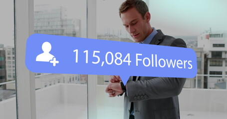 Image of digital interface Followers text and people icon with growing numbers on blue speech bubble