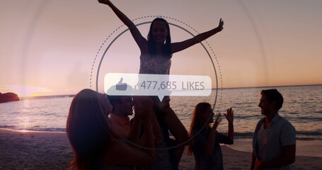 Digital thumbs up symbolizes growing social media approval among seaside friends.