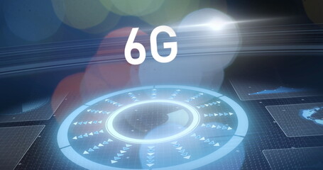 Image of 6g text, data processing and scopes scanning on screens over glowing light