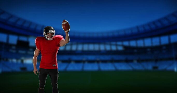 Image of caucasian male american football player with ball over stadium