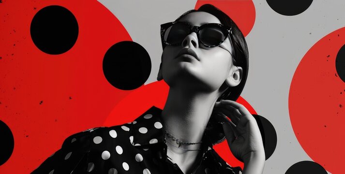 Monochrome Elegance, Striking monochromatic image of a fashion-forward woman in sunglasses and polka dots, exuding a cool, retro vibe against a backdrop of bold red with graphic black circles