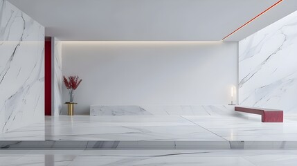 In an interior where minimalism reigns, white walls serve as a backdrop for expressive marble details that emphasize luxury and restraint, and red accents, whether textiles or decorative elements