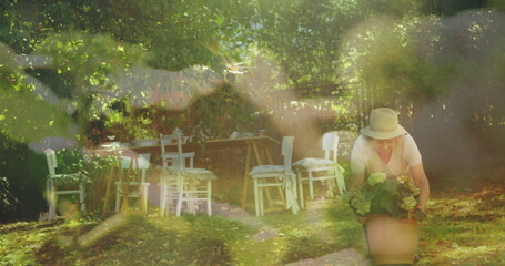 Composite image of plant against caucasian senior woman carrying a plant pot in the garden