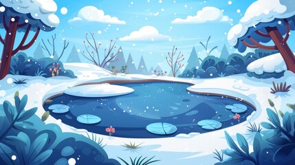 Landscape with bushes and trees surrounding a frozen lake, plants on the shore, and a white cloudy sky. Cartoon modern illustration of a natural cold snowy scene.