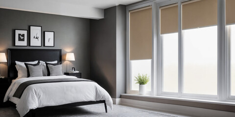Beige blackout roller blind on windows in stylish modern badroom. Shutters on the plastic window.