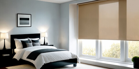 Beige blackout roller blind on windows in stylish modern badroom. Shutters on the plastic window.