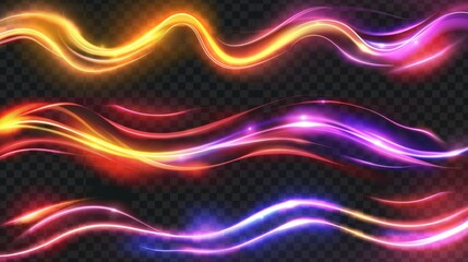 A neon color set isolated on transparent background. Modern illustration of yellow, red, purple, and pink waves, abstract speed motion swirls, magic power trail, and blurred fire flash.
