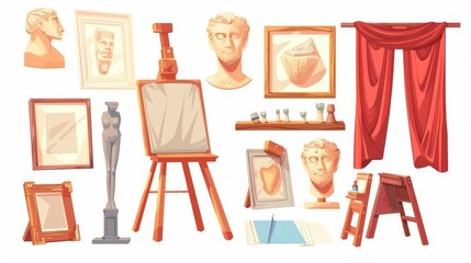 An artist or sculptor's workshop design element set isolated on white. The artwork includes an easel with framed canvas, a head sculpture, paper on a shelf, and a red curtain.
