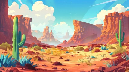 The Arizona dry desert landscape with red rocks, cliff mountains, cactus, and a hot sunny day. Modern illustration of a sandy scene with canyons, wild cacti, and grass.