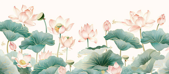 Lotus Harmony: East Asian-inspired Pastel Floral Illustration