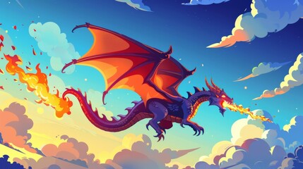 Fototapeta na wymiar The illustration of a fantasy dragon with flames in the sky is a modern illustration of a fairytale animal attacking with its mouth flames, representing a medieval adventure game character.