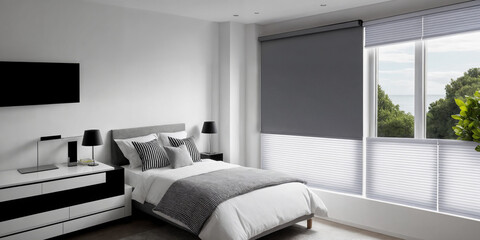 Gray blackout roller blind on windows in stylish modern badroom. Shutters on the plastic window.