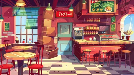 Stacks of cardboard boxes for delivery on bar counter and stool, food and drinks, and furniture and equipment of a pizza restaurant. Set of cartoon modern graphics to illustrate a pizza restaurant