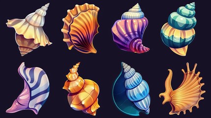 Modern cartoon illustration of contemporary colored mollusc, snail, oystel shells, marine beach and seabed design elements, exotic souvenir set.