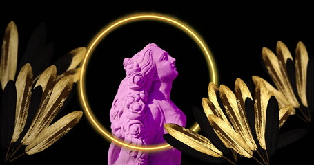 A purple bust is highlighted by a golden halo, surrounded by metallic leaves
