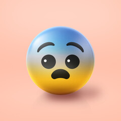 Fearful and scared Emoji stress ball on shiny floor. 3D emoticon isolated.