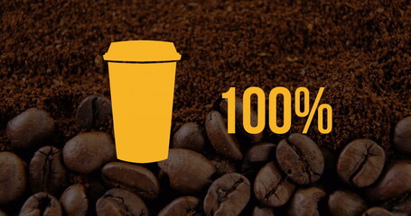A yellow coffee cup icon rests on a bed of coffee beans