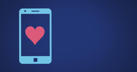 Image of heart on bouncing smartphone screen filling up with pink and blue on dark blue background 4