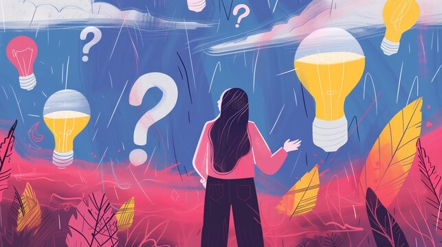 An abstract illustration featuring a thoughtful female figure surrounded by glowing light bulbs and floating question marks, symbolizing the process of problem solving and idea generation.