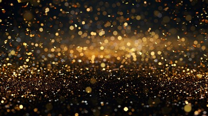Abstract gold background. Gold glitter texture on black background. Golden explosion of confetti...