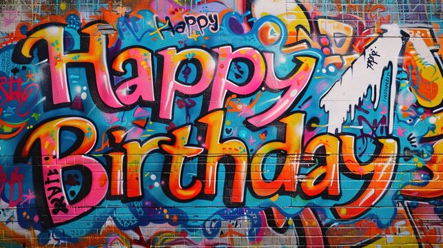 "Happy Birthday" written in bold, graffiti-style lettering against a solid background of vibrant street art, reflecting the urban energy and creativity of a modern birthday celebration.