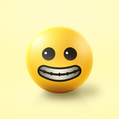 Happy Emoji stress ball on shiny floor. 3D emoticon with a smile showing teeth isolated.