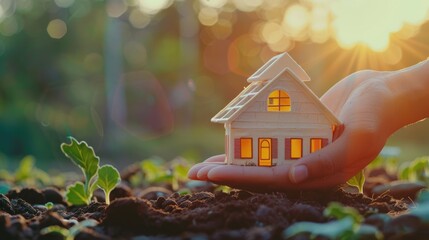 A hand holds a 3D-rendered house with solar panels