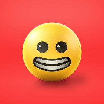 Happy Emoji stress ball on shiny floor. 3D emoticon with a smile showing teeth isolated.