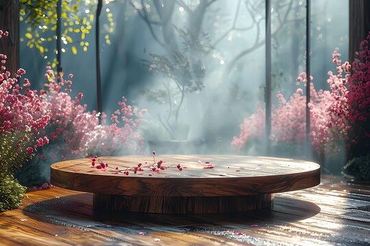 Mock up empty round wooden podium with flower in the garden decorations for commercial product display, product display scenes 
