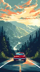 Fotobehang Vintage Car Adventure in Mountainous Landscape © Pornphan