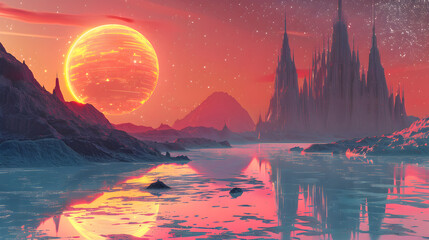 Futuristic Alien Planet Landscape with Giant Sun