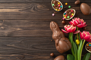 Sweet Easter fantasy composition. Top view perspective of chocolate eggs opened to show colorful...