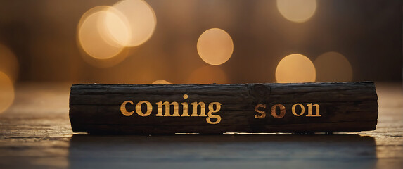 essence of anticipation, featuring the words “Coming Soon” engraved on dark wooden log