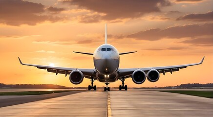 Fototapeta na wymiar airplane at sunset in the airport, A large jetliner taking off from an airport runway at sunset or dawn with the landing gear down and the landing gear down, as the plane is about to take