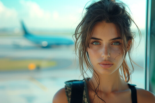portrait of a young beautiful girl at the airport waiting for a flight