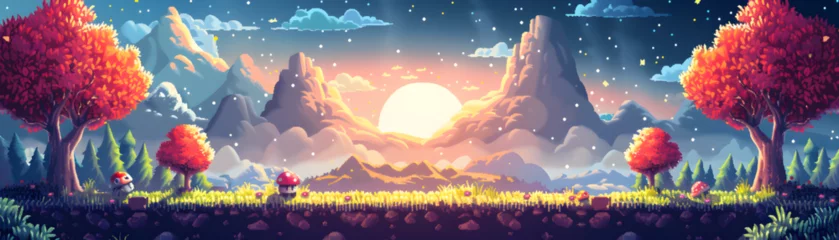 Tuinposter Enchanted Forest Pixel Art with Magical Sunset © Pornphan