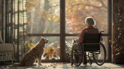 Serene Autumn Companionship, senior woman in a wheelchair and her loyal dog gaze out a window, sharing a peaceful moment amidst the warm glow of an autumn morning
