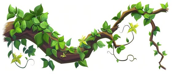 The roots of the creeper ivy tree trunk are covered in leaves and flowers. Cartoon modern illustration of jungle vine with foliage. - obrazy, fototapety, plakaty